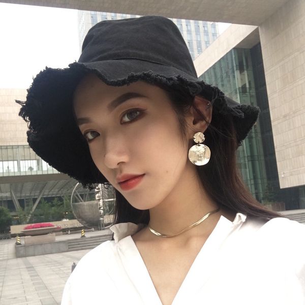 

beanie/skull caps raw edge denim fisherman hat female summer sunbonnet casual frayed bucket foldable washed cloth, Blue;gray