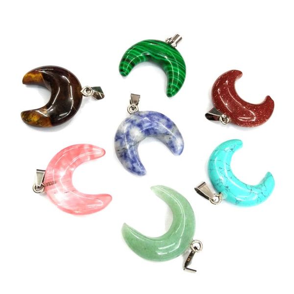 

1pcs natural stone pendants moon shape agates crystal necklace pendant for jewelry making diy charm necklace earring 25x30mm, Bronze;silver