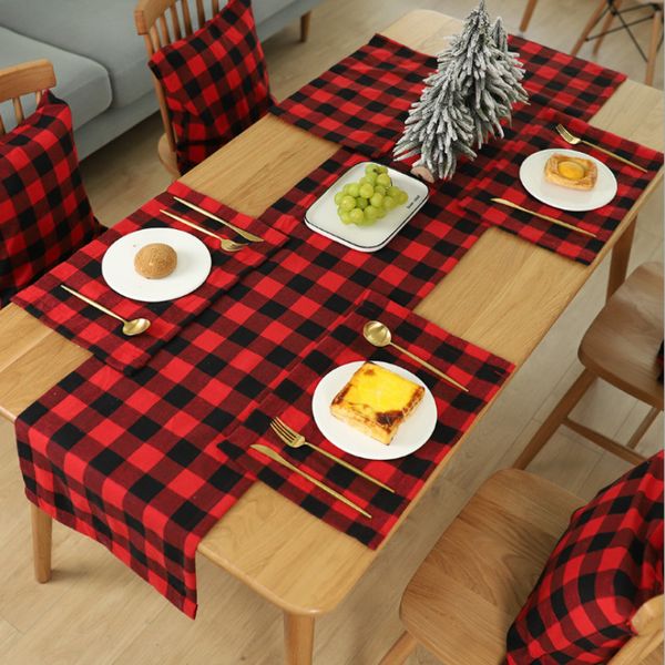 

christmas decorations plaid cloth placemat dining table knife and fork plate place mat home decoration supplies