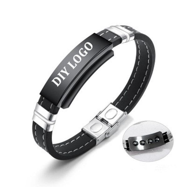 

dropshipping silicone stainless steel bracelet energy bracelet engrave name bangle bio magnetic black leather jewelry, Golden;silver
