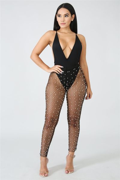

u women long pencil pants pearl mesh transparent flirty apparel elastic bodycon trousers babydoll party nightclub costume, Black;white