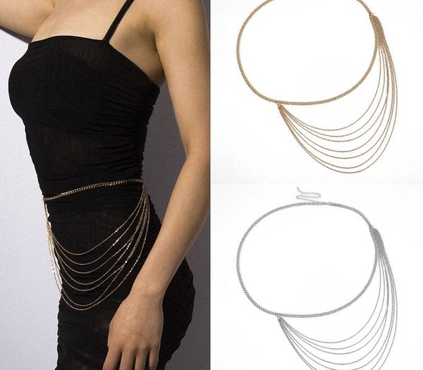 

women long tassel dress belt metal waist chain belt gold silver color simple geometric chain waistband party dress jewelry, Black;brown
