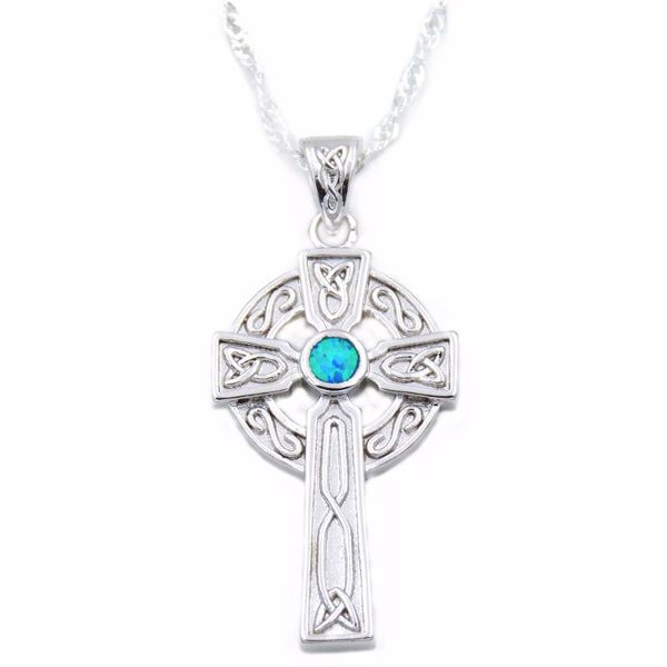 

irish pendant celtic cross with ocean blue fire opal, Silver