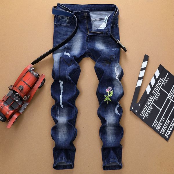 

qiu dong han edition cultivate morality men's jeans stretch hole personality embroidery male feet long blue pants