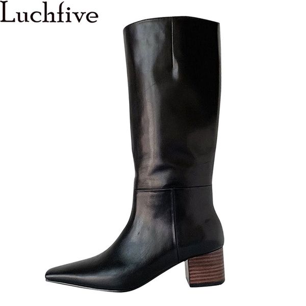 

woman knee high boots black white small squrae toe chunky heel leather long boots autumn winter knight woman