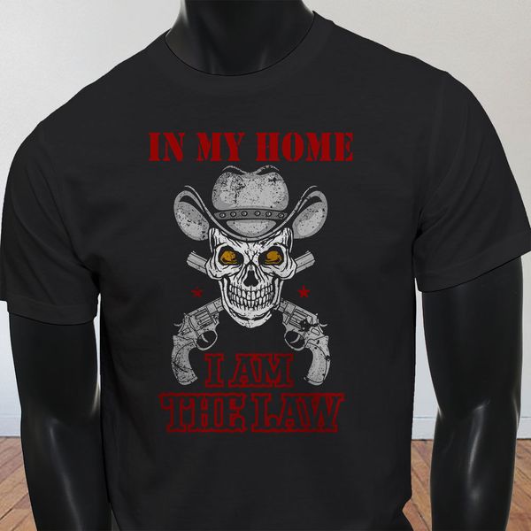 

new spring high-elastic cotton in my home i am the law skull guns sheriff cowboy mens black t-shirt summer t-shirt