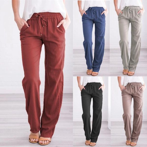 

linen womens pants summer extended solid color pants straight belt loose womens pants casual loose, Black;white