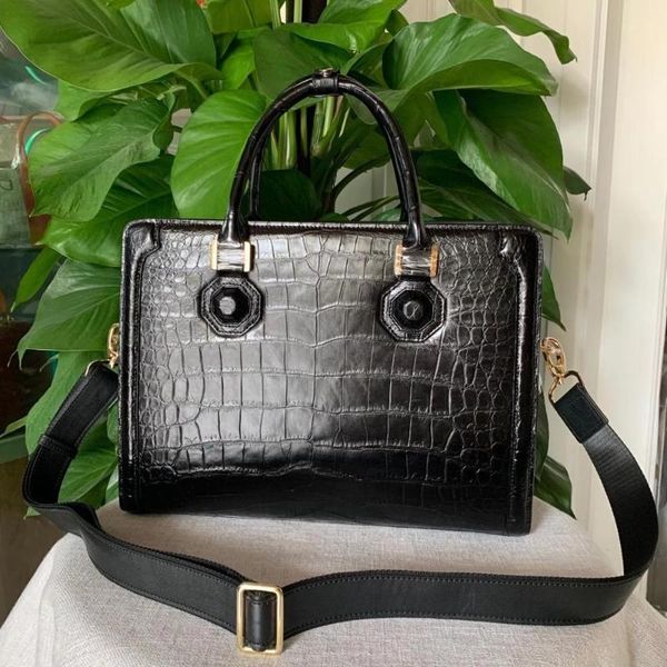 

authentic crocodile belly skin businessmen lapbriefcase genuine exotic alligator leather male large black handle handbag