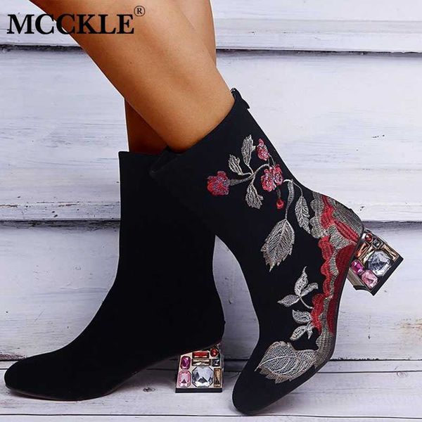 

boots mcckle women's large size mid-calf embroidered zipper ladies nude boot autumn female square colorful heel fashion, Black