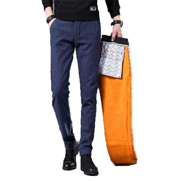 

winter pants men fleece warm velvet casual dress pants male skinny slim fit thick mens classic trousers stretch long plaid pants, Black