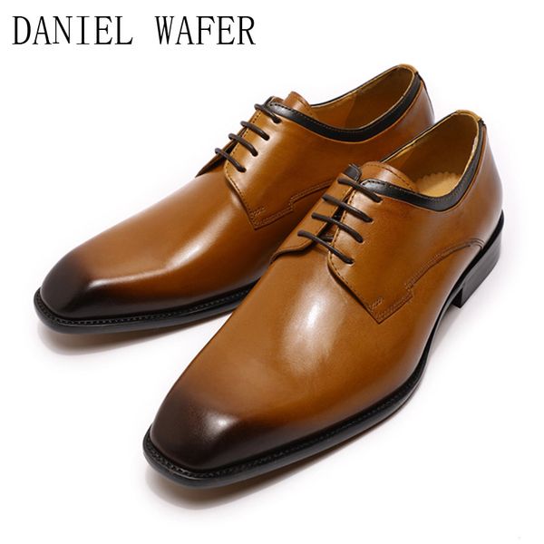 

men luxury formal dress derby shoes black brown genuine leather lace up office business party wedding fashion square toe shoes