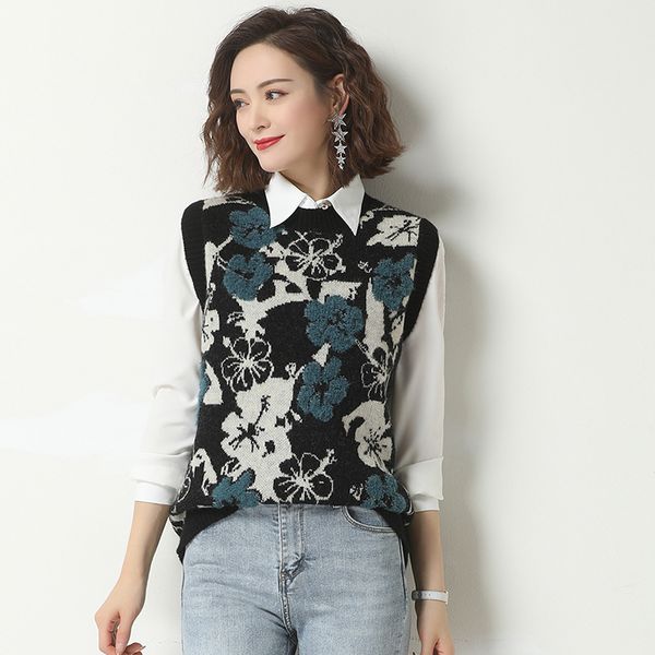 

women's sweaters women flowers sweater elegant floral vest lady girls sleeveless pullovers, White;black
