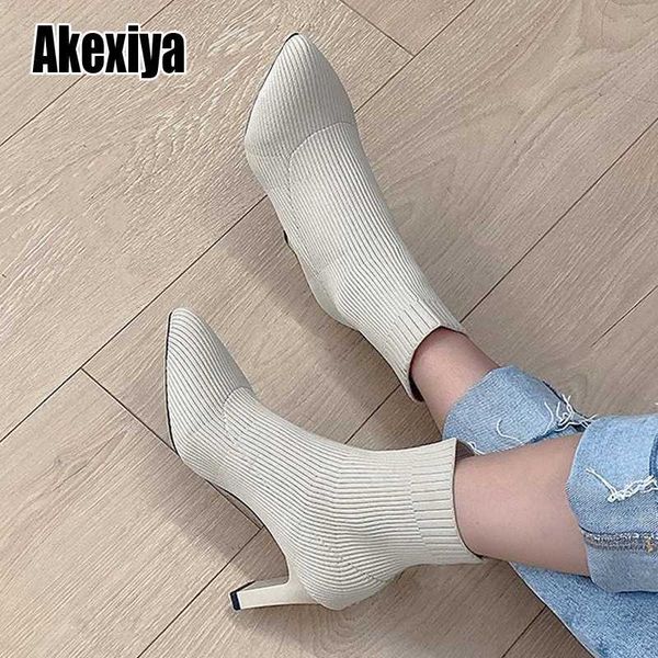 

women ankle boots pointed toe sock boots chunky heel slip on shoes solid color size 35-40 w096, Black