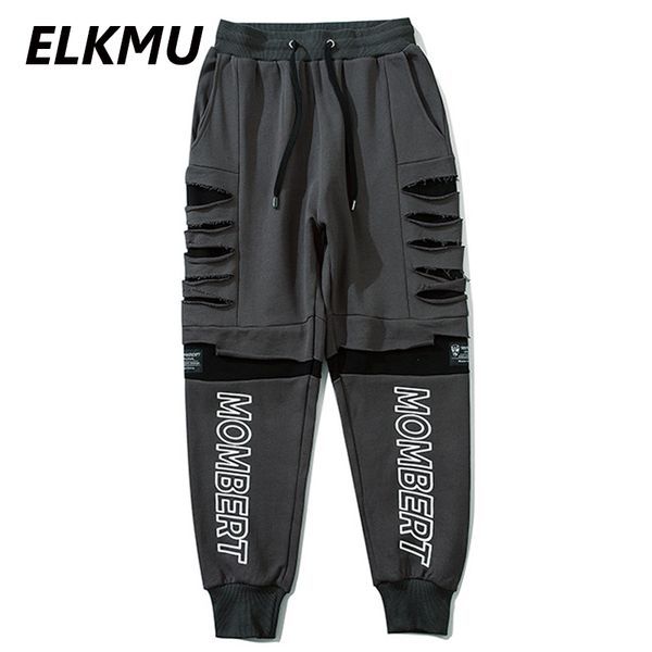 

elkmu mens sweatpants streetwear damaged hole patchwork pants men 2020 new fashion hip hop harajuku trousers elastic waist he307, Black