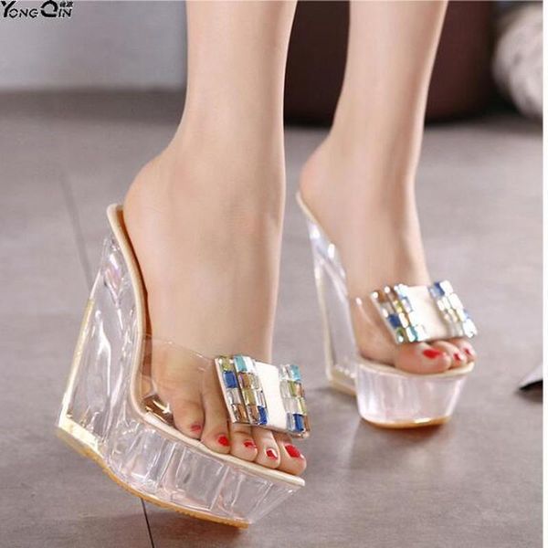 

super high heel sandals women platform crystal rhinestone wild roman wedge heel slippers size 34-45, Black