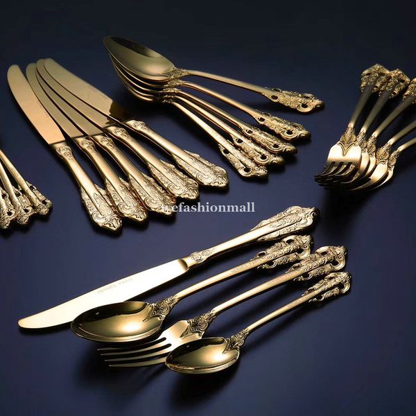 

luxurious 24pcs golden dinnerware set silver high-end stainless steel tableware set knife fork spoon cutlery set flatware suit