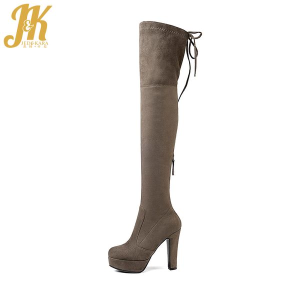 

boots jk 2021 latest women stretch over knee boot faux suede thick high heels platform zipper lady shoes winter big size, Black