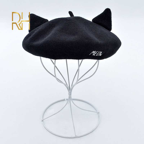 

cat ears wool beret artist's hat autumn and winter cute wool bud cap embroidered feather hat korean letter for women rh, Blue;gray