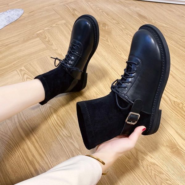 

round toe boots women new 2020 brand women's shoes low heels booties booties ladies lace up fashion rubber rock stockings, Black