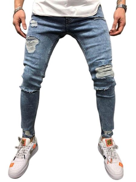 

men's jeans 2021 fashion streetwear mens destroyed ripped design pencil pants ankle skinny men full length, Blue