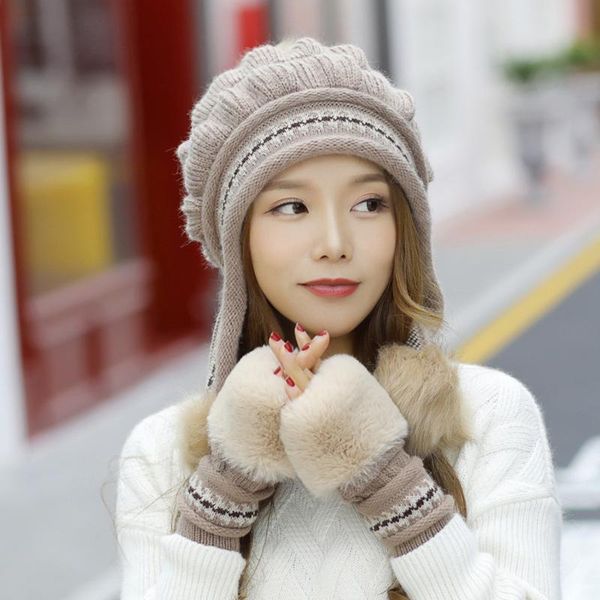 

hats, scarves & gloves sets girls thicken ski snow cap fashion fur poms winter women hats female skullies knitted hat warm, Blue;gray