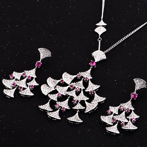 

hibride luxury white gold color long link chain necklace colorful austrian crystal earrings bridal jewelry sets for women n-130, Silver