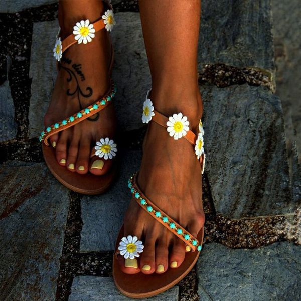 

women summer flower clip toe flat sandals ladies light pu leather shoes woman slip on female fashion casual sandal 2020 hot, Black