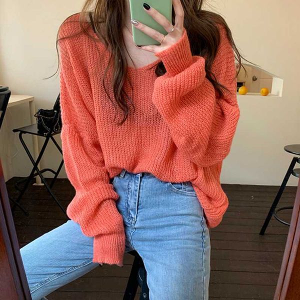 

women's sweaters autumn and winter 2021 korean style lazy loose v-neck pullover all-match long-sleeved knitted sweater fashion, White;black