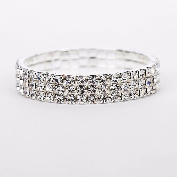 

3 rows luxury bridal wedding bangles silver plated clear crystal rhinestone stretch bangle bracelet for women b049, Black