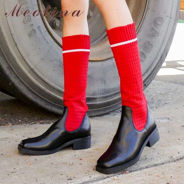 

meotina autumn knee high boots women natural genuine leather thick heel elastic boots slim stretch mixed colors shoes lady 34-39, Black