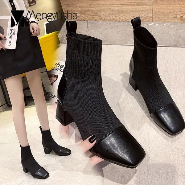 

weaving high heels stretch sock boots women solid color fashion pu square toe short bottes female knitted stovepipe botas mujer, Black