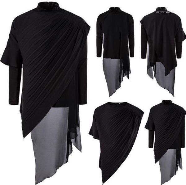 

mens clothing 19aw mens designer tshirts asymmetrical solid color stand collar ruched two piece tshirt new arrival, White;black