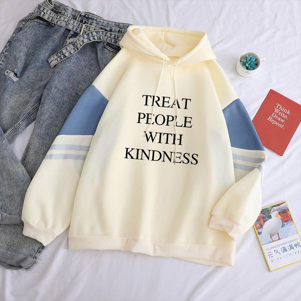 

new fashion women hoodies treat people with kindness print drop shoulder streetwear patchwork casual hooded sweatshirt, Black