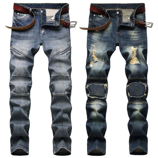 

men's jeans fashion men straight stretch pant skinny denim ripped long pants, Blue