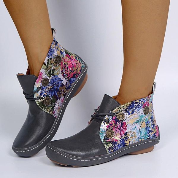 

retro women leather flat lace-up flower print short booties round toe shoes embroider ankle boots for women winter boots, Black