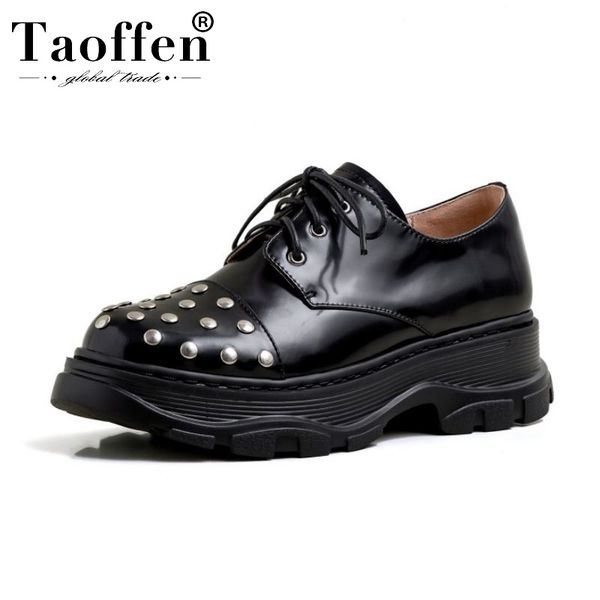 

taoffen women flats real leather rivets platform flat shoes women casual daily outdoor shoes footwear size 34-40, Black