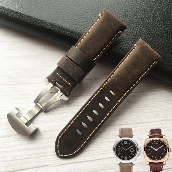 

watch bands 24mm handmade stitched genuine calf leather strap band for deployment buckle watchband pam send too, Black;brown