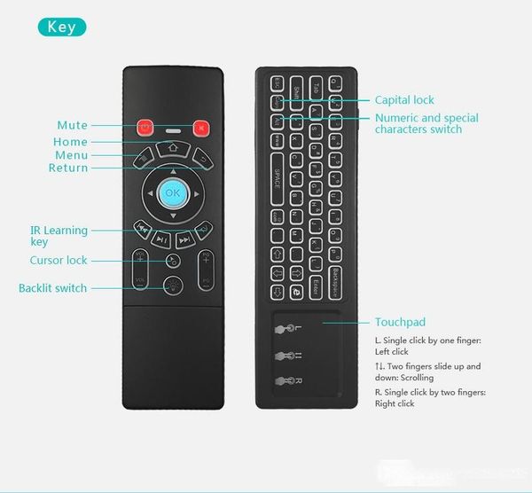 

t6 2.4g wireless 7 colors backlit air mouse with touchpad ir learning backlight mini keyboard for tv box projector mini pc