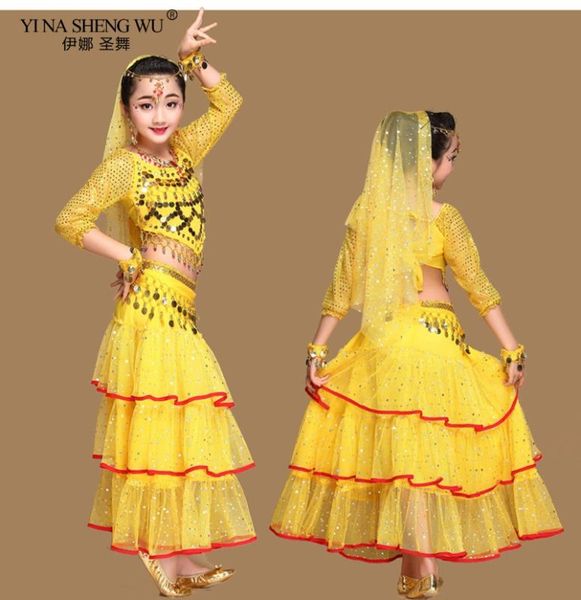 

stage wear kids belly dance costumes set egypt children india clothes oriental girls dress bellydance short / long sleeve, Black;red