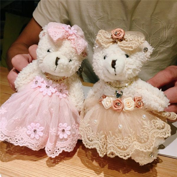 

cartoon dress bow rhinestone teddy bear keychain plush wedding bear doll wedding bouquet toy bag pendant jewelry llaveros toys, Silver
