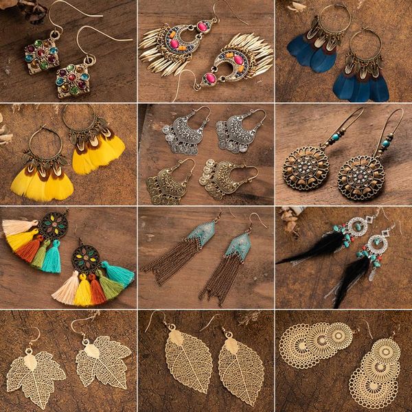 

vintage long metal tassel fringe earrings for women statement jewelry big round geometric leaf stones leopard feather earring, Silver