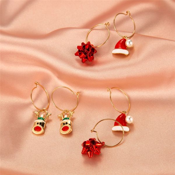 

10sets/lot european holiday santa hat moose earring hoop three sets for women christmas flower pearl gift earrings set jewelry accessories, Golden;silver