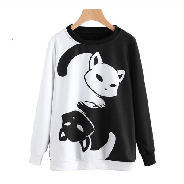 

women hoodies cute cat black white printing long sleeve o neck sweatshirt ladies color block patchwork harajuku sweatshirt #33
