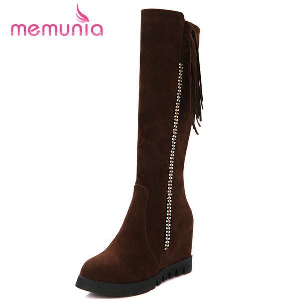 

memunia new arrive 2020 simple high heel fringe boots autumn winter short plush knee high boots round toe women size 33-43, Black