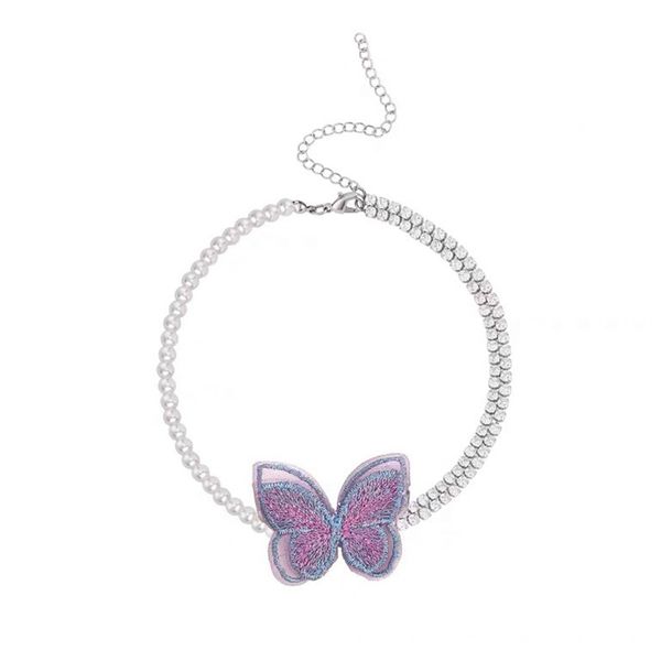 

2020 korean new design fashion jewelry sweet color lace embroidery smart butterfly pearl crystal chain female clavicle necklace, Silver