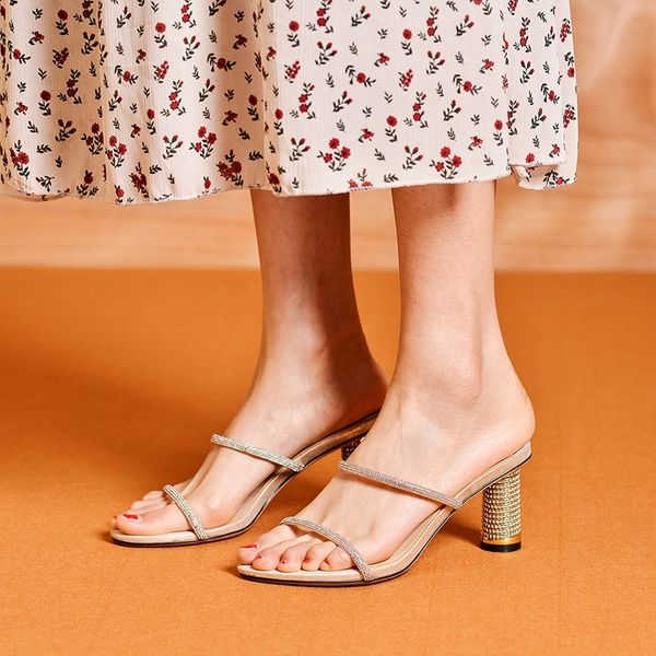 

brand women sandals open toe crystal high heel slippers fashion women slip on slides summer party dress shoes mules black