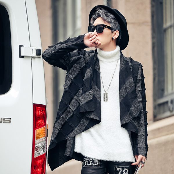 

new autumn men trench coat personality pattern gothic style male casual long black outwear jacket streetwear trenchcoat, Tan;black