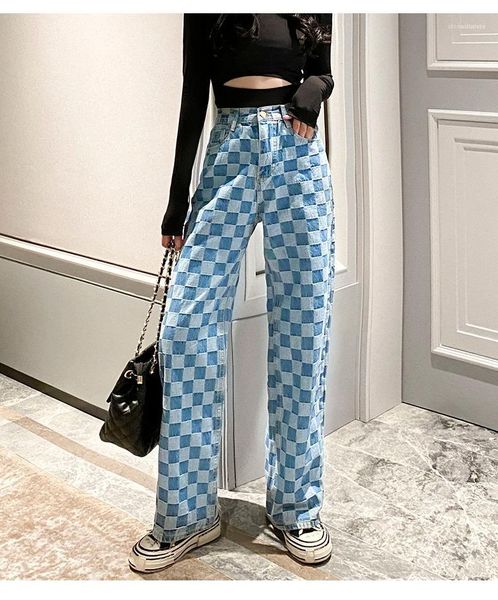 

pants woman cargo pant streetwear womens plaid wide leg jeans spring women high waist plus size fashion slim demin, Blue