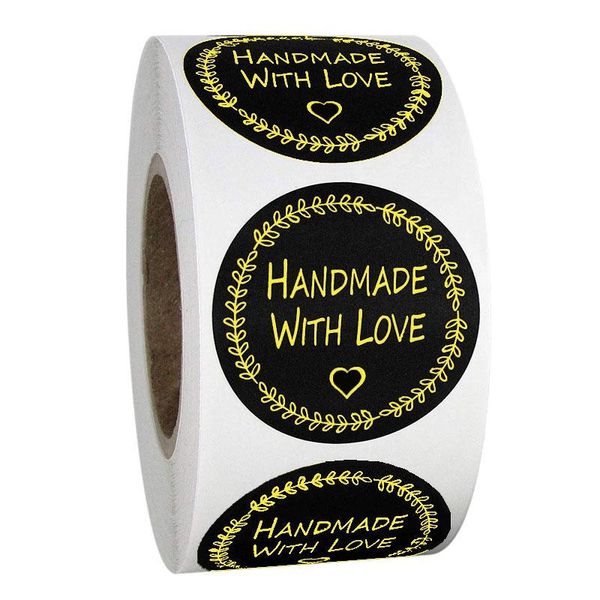 

500pcs handmade with love gold color paper stickers round adhesive labels baking wedding party decoration sticker