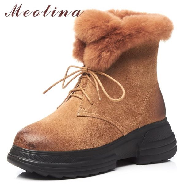 

meotina real fur snow boots women natural genuine leather flat platform ankle boots warm wool lace up shoes lady winter size 39, Black